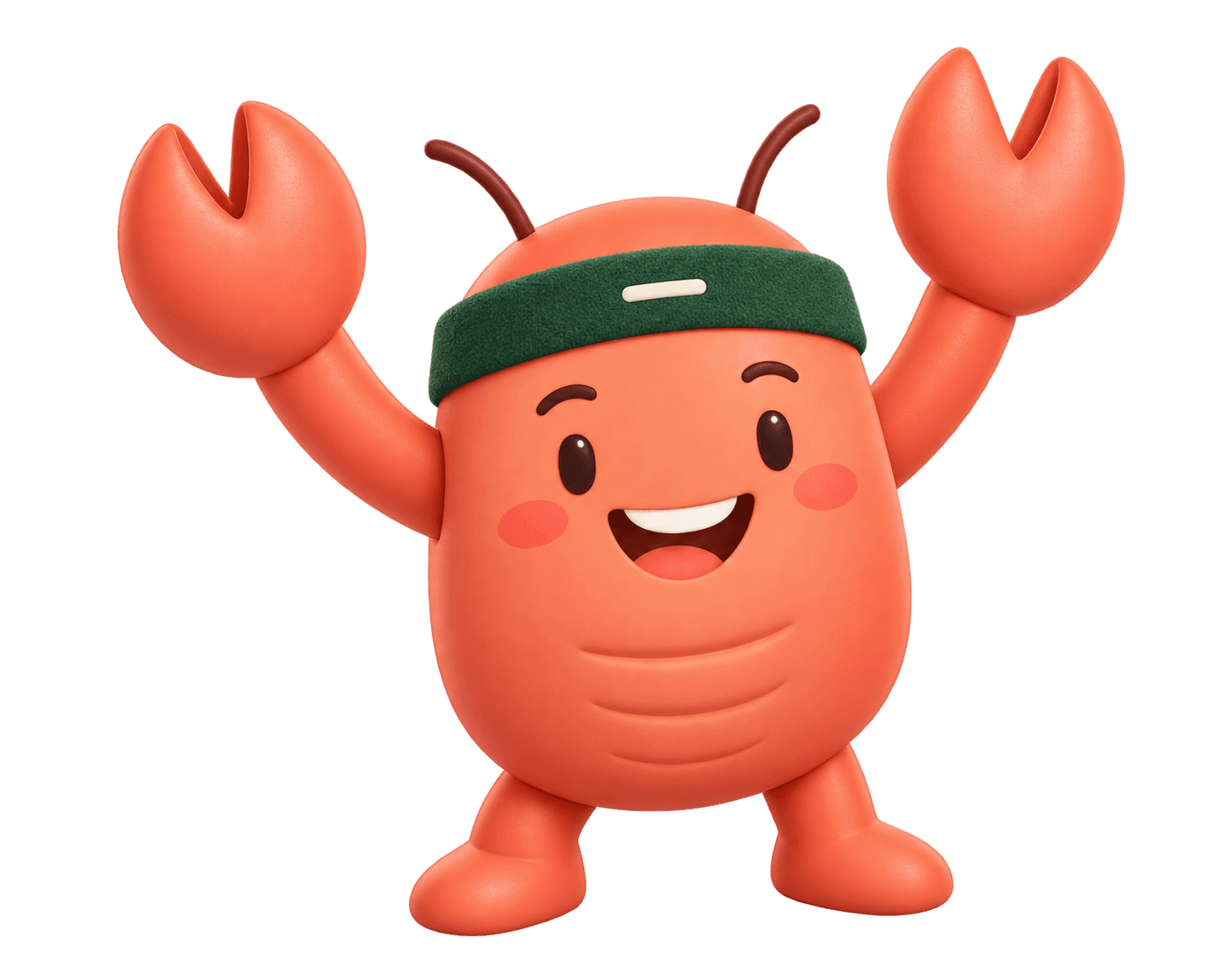 Chad, a smiling coral lobster wearing a green headband